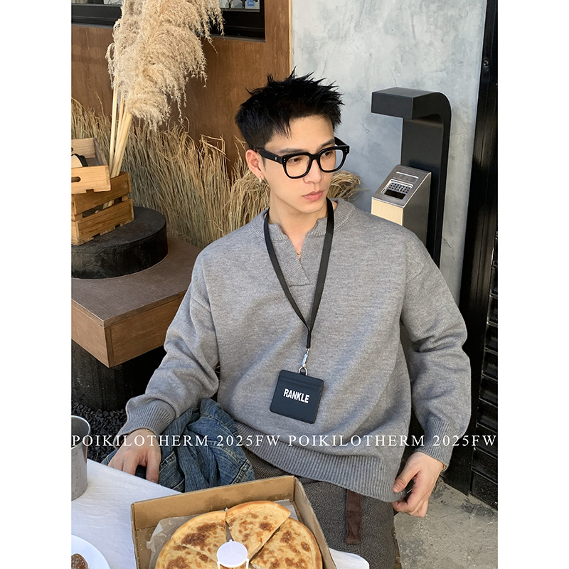 PLTH*秋冬高级感纯色V领毛衣男小众简约情侣慵懒风套头针织毛线衣