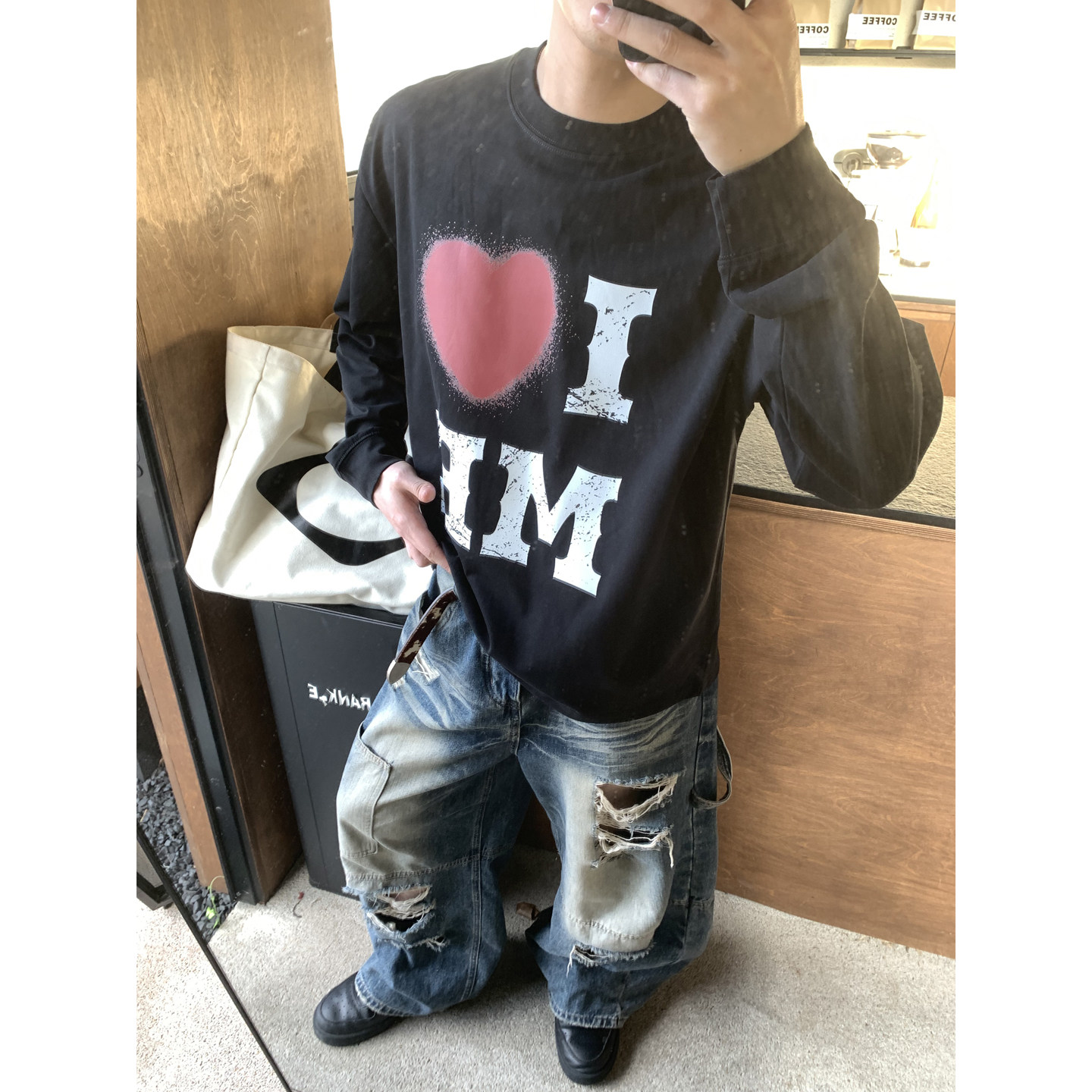 PLTH*美式复古爱心做旧字母印花长袖T恤男宽松落肩休闲打底长上衣