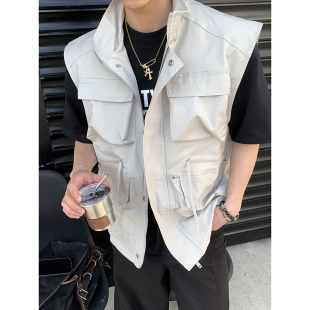 坎肩无袖 PLTH 小众立领抽绳多口袋工装 高街春夏季 马甲外套男 美式