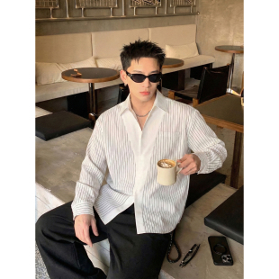 商务休闲衬衣宽松垂坠感上衣潮 男春季 PLTH 极简风拼接竖条纹衬衫