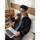 PLTH 加厚拼接慵懒宽松情侣毛衣开衫 重磅假两件连帽针织衫 男秋季