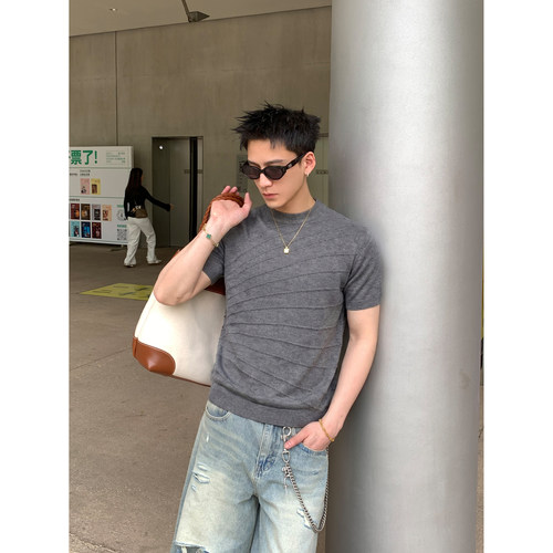 PLTH*夏季斜纹肌理针织纯色T恤男轻熟风修身显瘦高级感短袖上衣潮