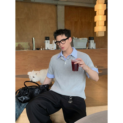 PLTH*韩系轻熟风假两件条纹衬衫领polo短袖男夏季修身休闲针织T恤