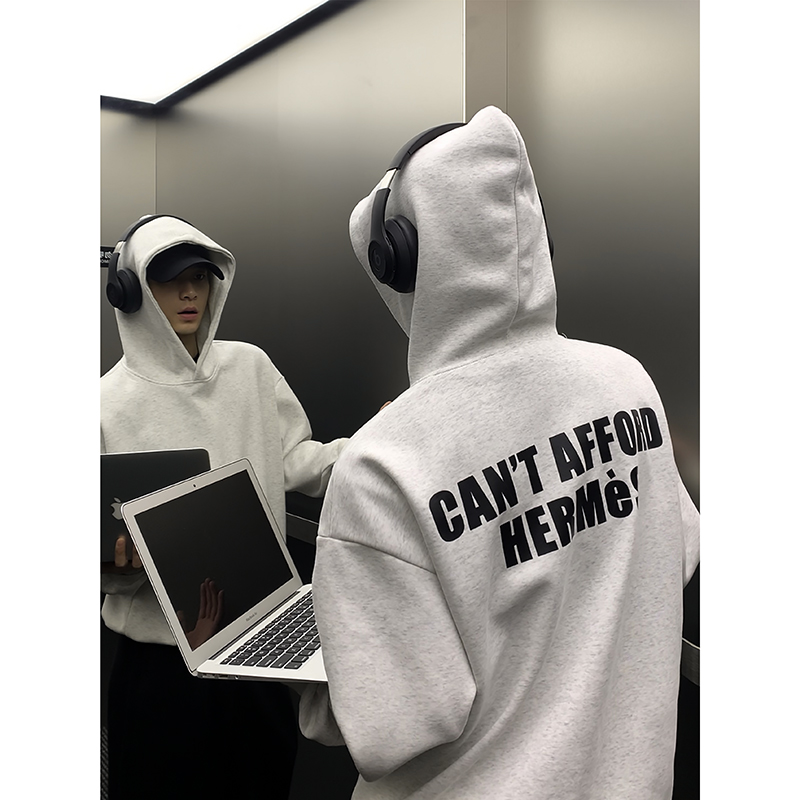 PLTH*美式复古后背字母印花重磅男潮牌宽松秋冬休闲上衣连帽卫衣