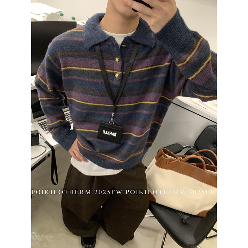PLTH*秋冬新款韩系撞色条纹亨利领复古毛衣男百搭羊毛针织衫上衣,男装,针织衫/毛衣,淘宝优惠券,粉丝福利购,淘宝优惠卷