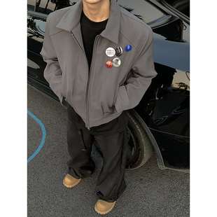 潮休闲高级设计感徽章短款 复古垫肩外套春季 拉链夹克男 美式 PLTH