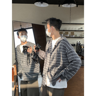 男女秋冬复古慵懒风百搭宽松毛衣外套 条纹连帽针织开衫 PLTH 美式