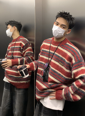 PLTH*美式复古条纹撞色圆领宽松马海毛毛衣男慵懒秋冬针织衫打底