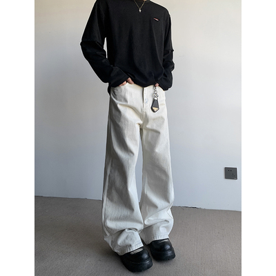 PLTH*微喇白色长裤直筒显瘦cleanfit裤子蓝色擦色做旧男女牛仔裤