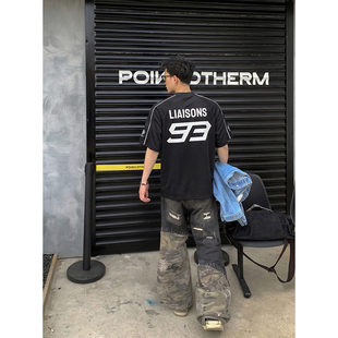 赛车风撞色线条T恤字母印花宽松插肩短袖 美式 潮牌上衣男 夏季 PLTH