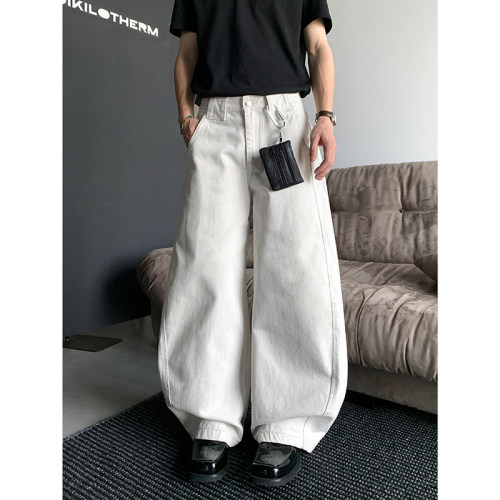 PLTH*美式小众设计感弯刀牛仔裤男夏季街头百搭休闲白色阔腿裤潮