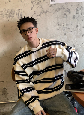 PLTH*美式秋冬加厚复古条纹圆领卫衣潮牌宽松刺绣情侣套头打底衫