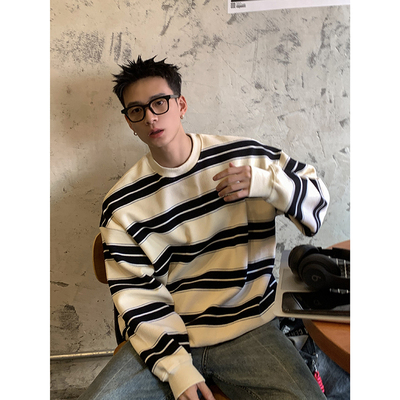 PLTH*美式秋冬加厚复古条纹圆领卫衣潮牌宽松刺绣情侣套头打底衫