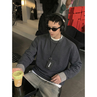 口纯色卫衣男宽松落肩春季 街头假两件撞色袖 叠穿上衣潮 美式 PLTH