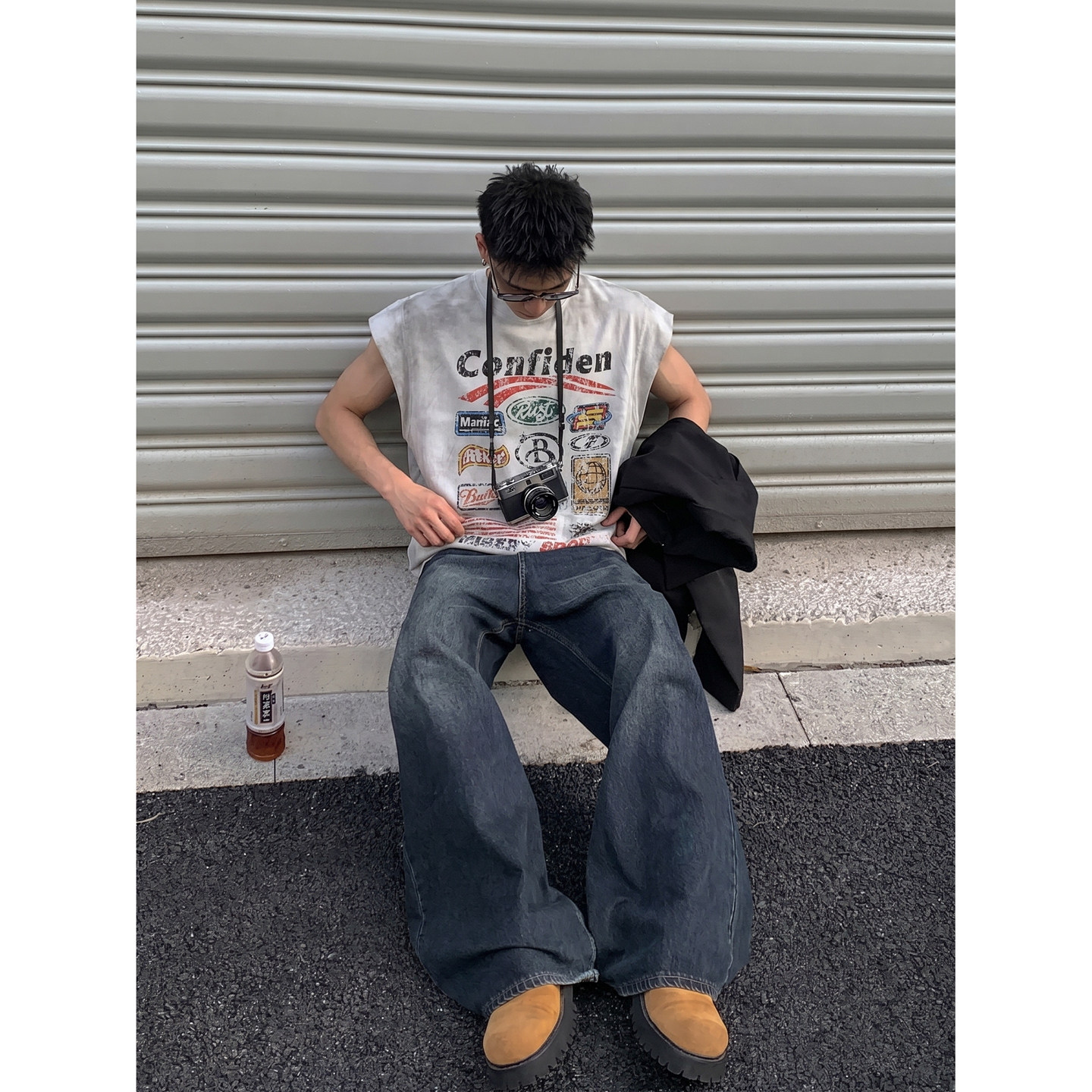 PLTH*美式复古数字印花无袖T恤男生夏季做旧宽松休闲运动坎肩上衣