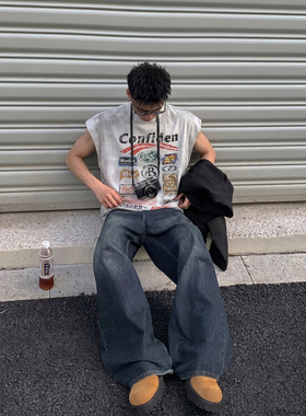 PLTH*美式复古数字印花无袖T恤男生夏季做旧宽松休闲运动坎肩上衣