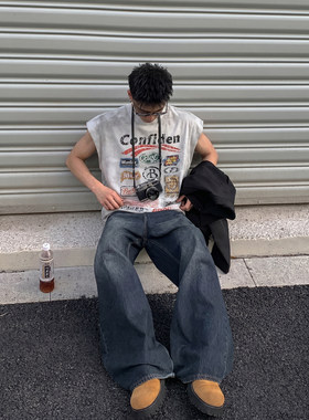 PLTH*美式复古数字印花无袖T恤男生夏季做旧宽松休闲运动坎肩上衣