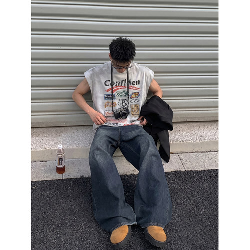 PLTH*美式复古数字印花无袖T恤男生夏季做旧宽松休闲运动坎肩上衣