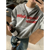 PLTH 美式 复古不规则晕染字母印花连帽卫衣男破坏宽松半拉链上衣