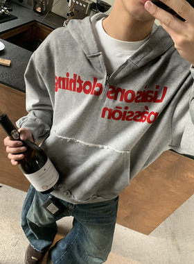 PLTH*美式复古不规则晕染字母印花连帽卫衣男破坏宽松半拉链上衣