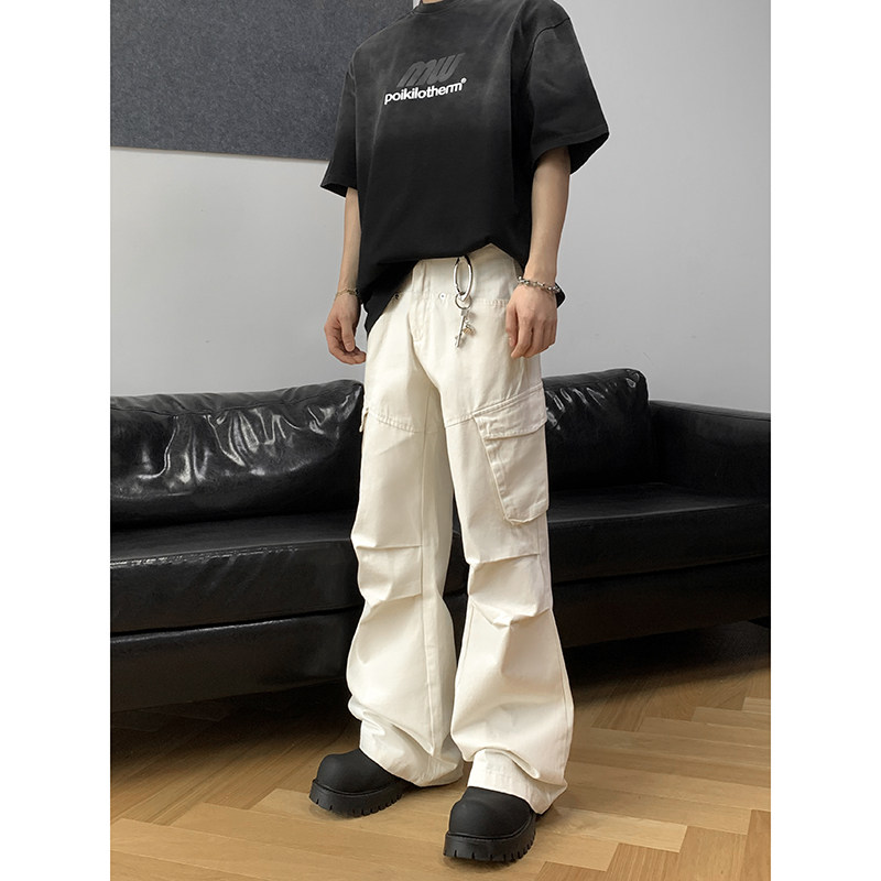 PLTH*美式cleanfit多口袋伞兵工装裤男女高街宽松褶皱直筒微喇裤