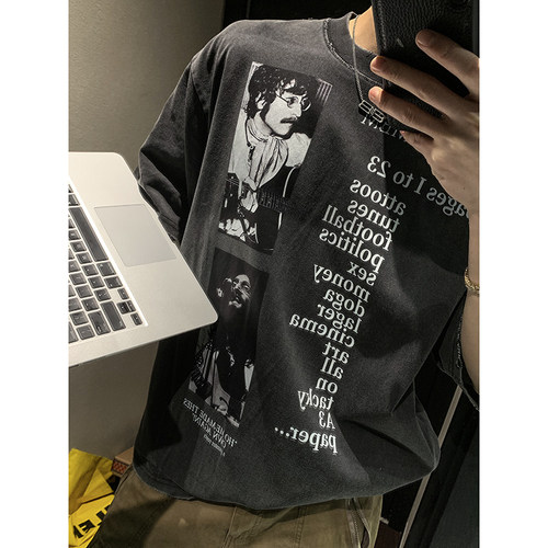 PLTH*水洗刀割破坏美式复古小众印花短袖宽松休闲日常百搭半袖T恤