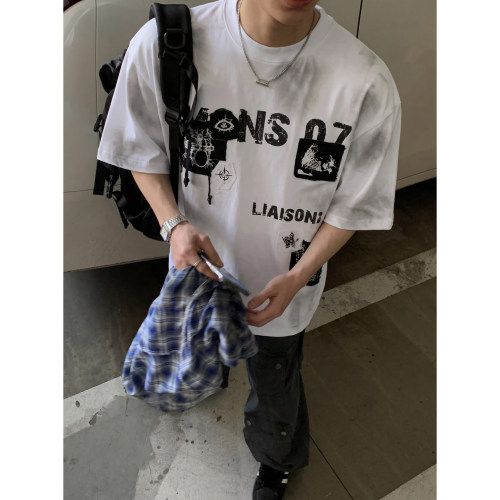 PLTH*美式复古贴布印花短袖T恤男夏季潮牌宽松做旧高街风半袖上衣