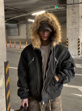 PLTH*冬季美式cleanfit毛领座山雕夹克棉服男女冬季加厚牛仔外套