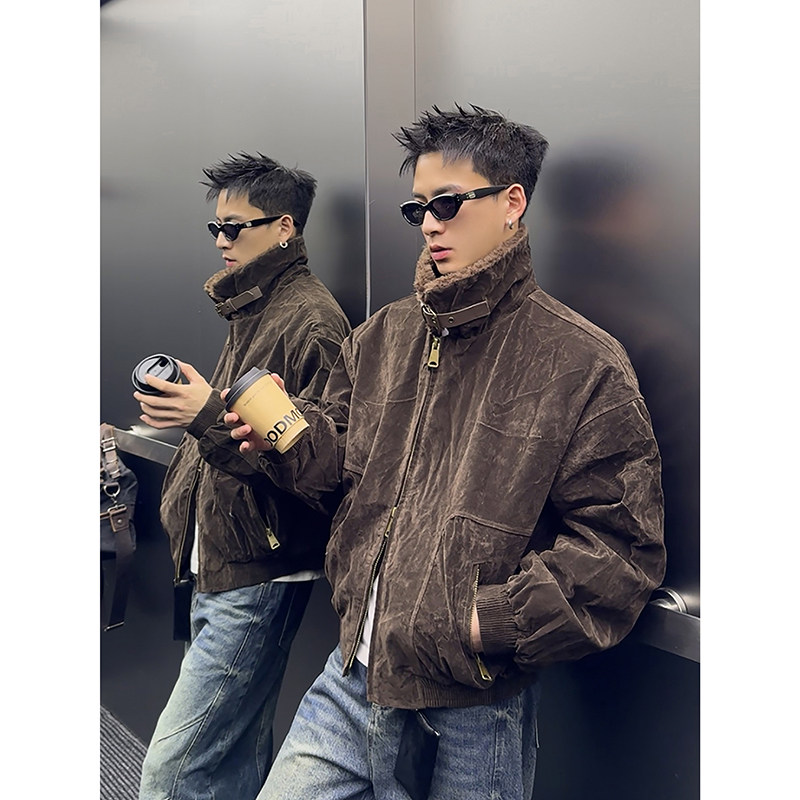 PLTH*复古老钱风美拉德羊羔绒翻领双拉链棉服男秋冬廓形机车外套