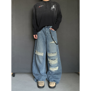 男宽松直筒高街潮流长裤 PLTH 复古大破洞铆钉阔腿牛仔裤 美式 春季