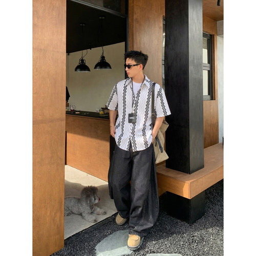 PLTH*复古休闲波浪纹肌理衬衫男古巴领宽松美式复古夏季短袖上衣