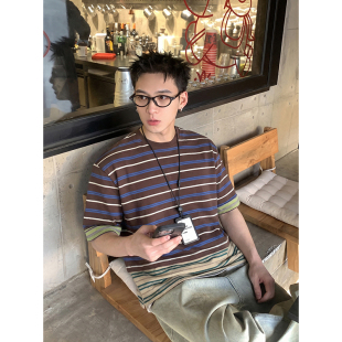 男女同款 PLTH 复古撞色条纹拼接下摆T恤宽松圆领短袖 美式 上衣 夏季