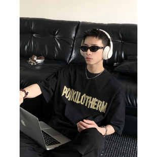 小众印花T恤男 型美式 PLTH 水洗做旧纯棉原创胶带印花小领口宽松版