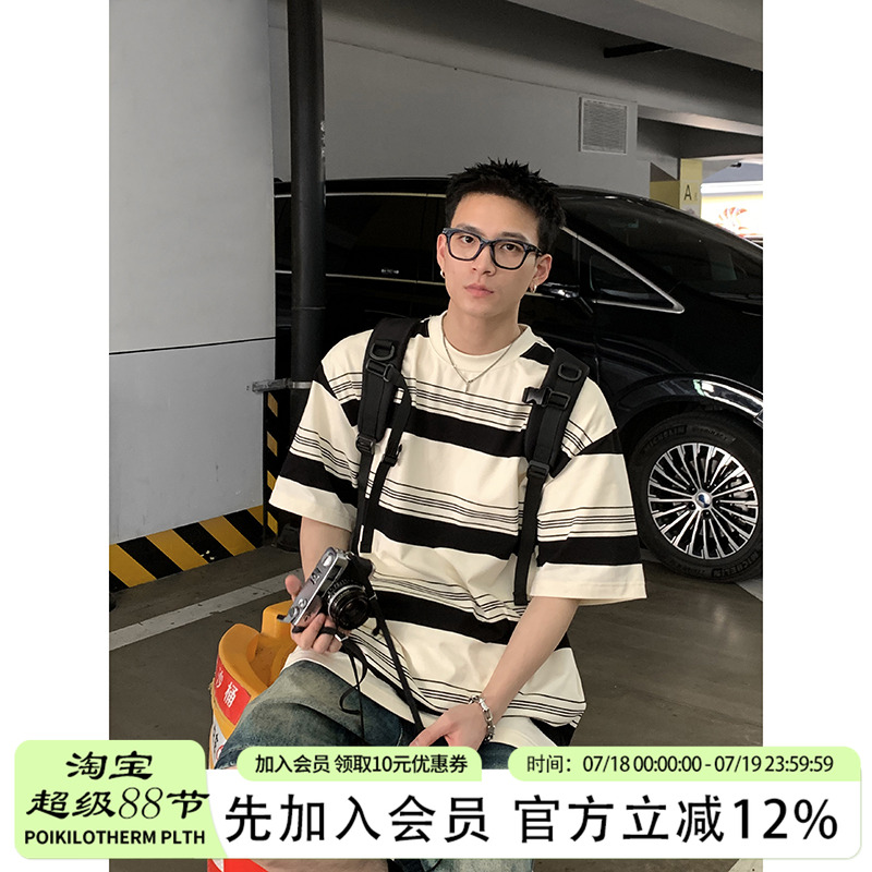 PLTH*日系复古宽松重磅条纹短袖男夏季潮牌百搭情侣休闲圆领半袖