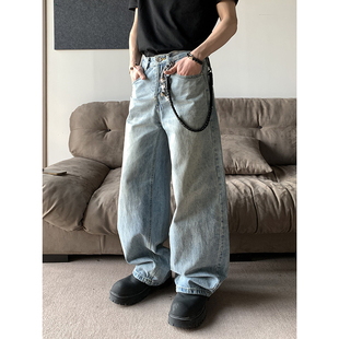 PLTH 韩系复古宽松休闲直筒水洗弯刀垂感阔腿cleanfit男女牛仔裤