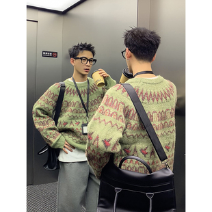 PLTH 男秋冬慵懒风复古宽松圆领上衣 北欧风费尔岛提花针织羊毛衫