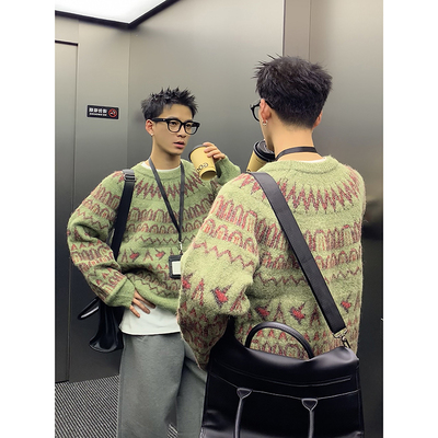 PLTH*北欧风费尔岛提花针织羊毛衫男秋冬慵懒风复古宽松圆领上衣