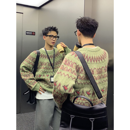 PLTH*北欧风费尔岛提花针织羊毛衫男秋冬慵懒风复古宽松圆领上衣