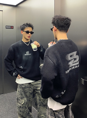 PLTH*美式复古潮牌做旧字母印花男廓形晕染百搭通勤宽松圆领毛衣