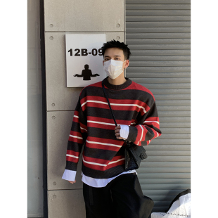 复古慵懒长袖 潮美式 情侣上衣 三色条纹撞色毛衣圆领秋冬新款 PLTH