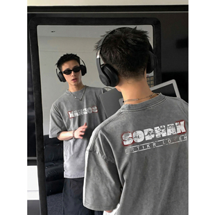 小领口宽松休闲版 重磅水洗做旧纯棉短袖 型原创印花T恤 美式 PLTH