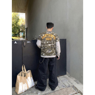 上衣 街头假两件虎纹迷彩做旧字母长T男宽松叠穿潮牌长袖 PLTH 美式