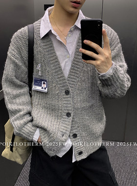 PLTH*韩系学院风复古纯色V领针织开衫男冬季宽松慵懒羊毛毛衣外套