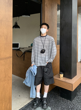 PLTH*美式复古慵懒风条纹撞色薄款防晒长袖罩衫男女透气宽松上衣