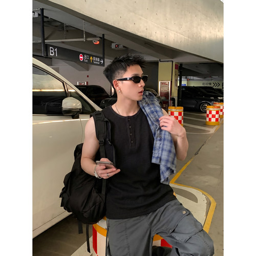 PLTH*街头风亨利领华夫格坎肩男生夏季宽松无袖休闲运动健身背心