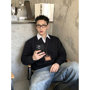 领假两件卫衣男V领简约休闲通勤宽松百搭套头上衣潮 衬衫 PLTH 春季