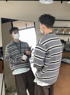 PLTH*美式复古条纹撞色POLO毛衣男秋宽松休闲情侣翻领长袖针织衫