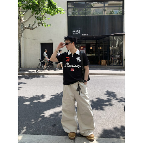 PLTH*美式复古Polo衫男夏季字母印花宽松休闲撞色翻领短袖上衣潮