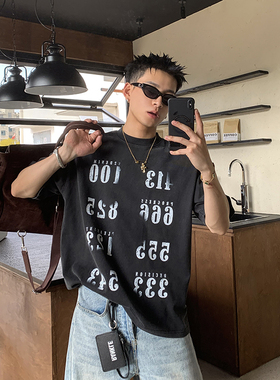 PLTH*美式复古数字三色印花纯棉圆领显瘦短袖claenfit情侣上衣潮