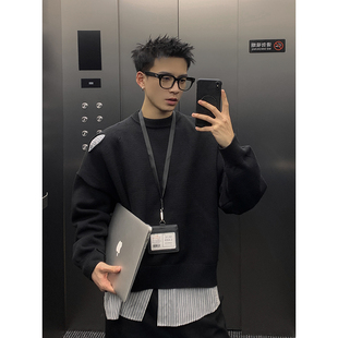 圆领男生宽松针织衫 PLTH 小众设计师款 慵懒破洞短款 韩系毛衣 冬季